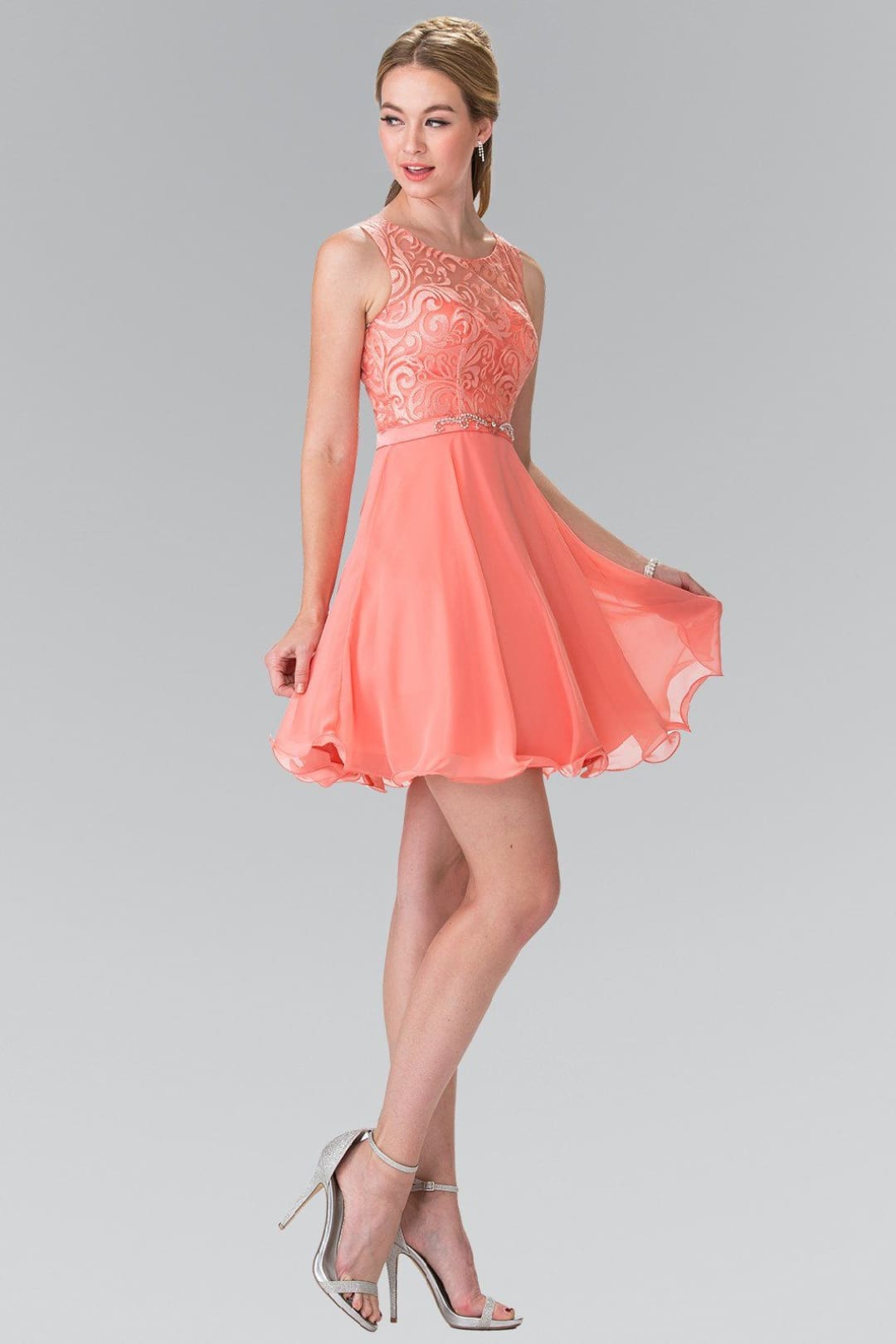 Short Lace Bodice Chiffon Dress by Elizabeth K GS2314 - Short Cocktail Dresses