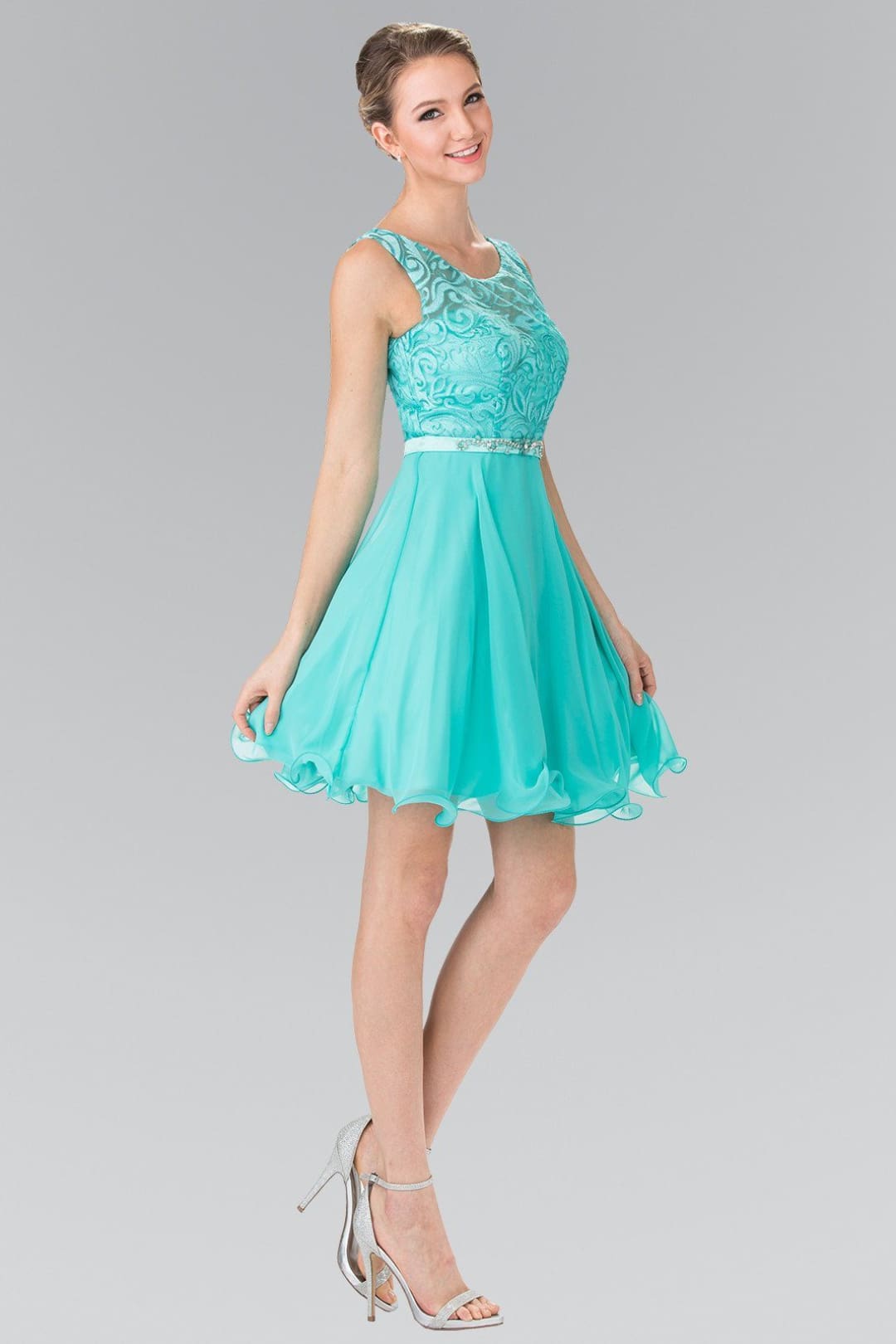 Short A Line Chiffon Dress with Lace Bodice by Elizabeth K GS2314-Short Cocktail Dresses-ABC Fashion