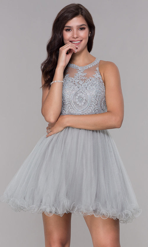 Narianna-Short Babydoll Homecoming Dress with Beading