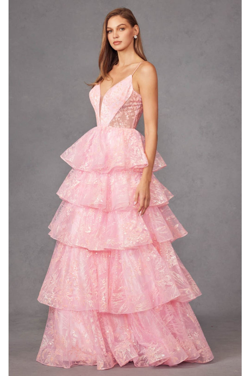 Sleeveless Glitter Print A-Line Tiered Gown by Juliet JT2438K