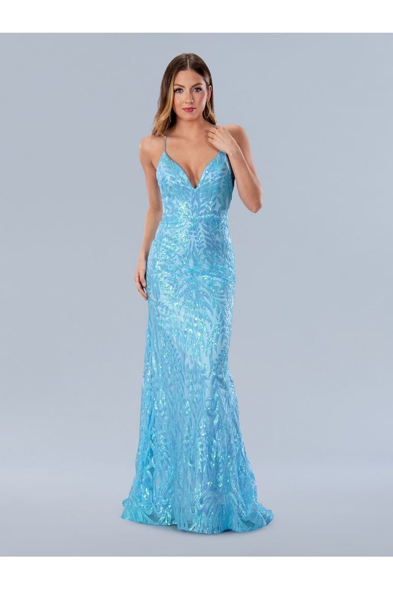 light blue iridescent prom dress Blue Iridescent Sequin Strapless Mermaid Formal Dress with Slit Modsele