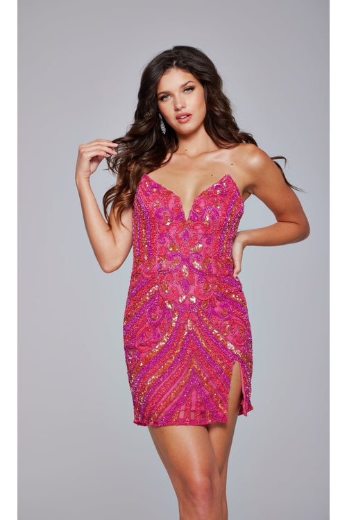 Strapless Sequin-Print Hoco Dress: Jovani 400003 - Fuchsia/Multi / 00 - Apparel & Accessories > Clothing > Dresses