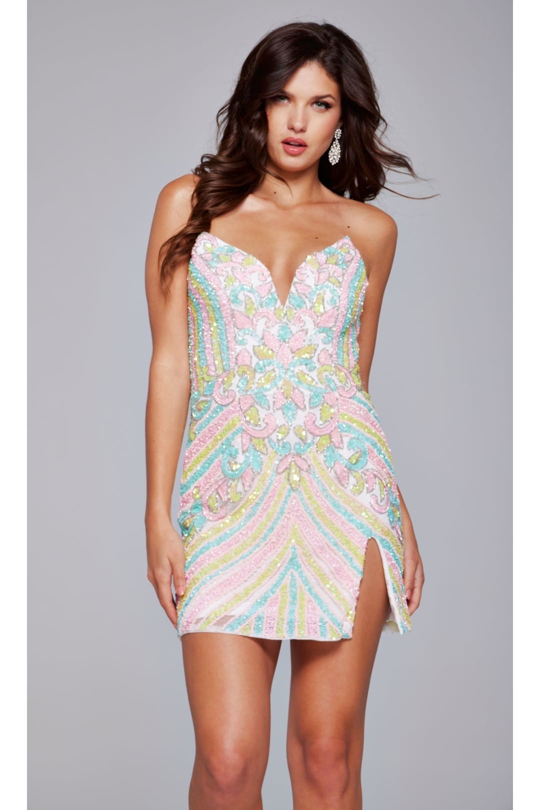 Strapless Sequin-Print Hoco Dress: Jovani 400003 - White/Multi / 00 - Apparel & Accessories > Clothing > Dresses