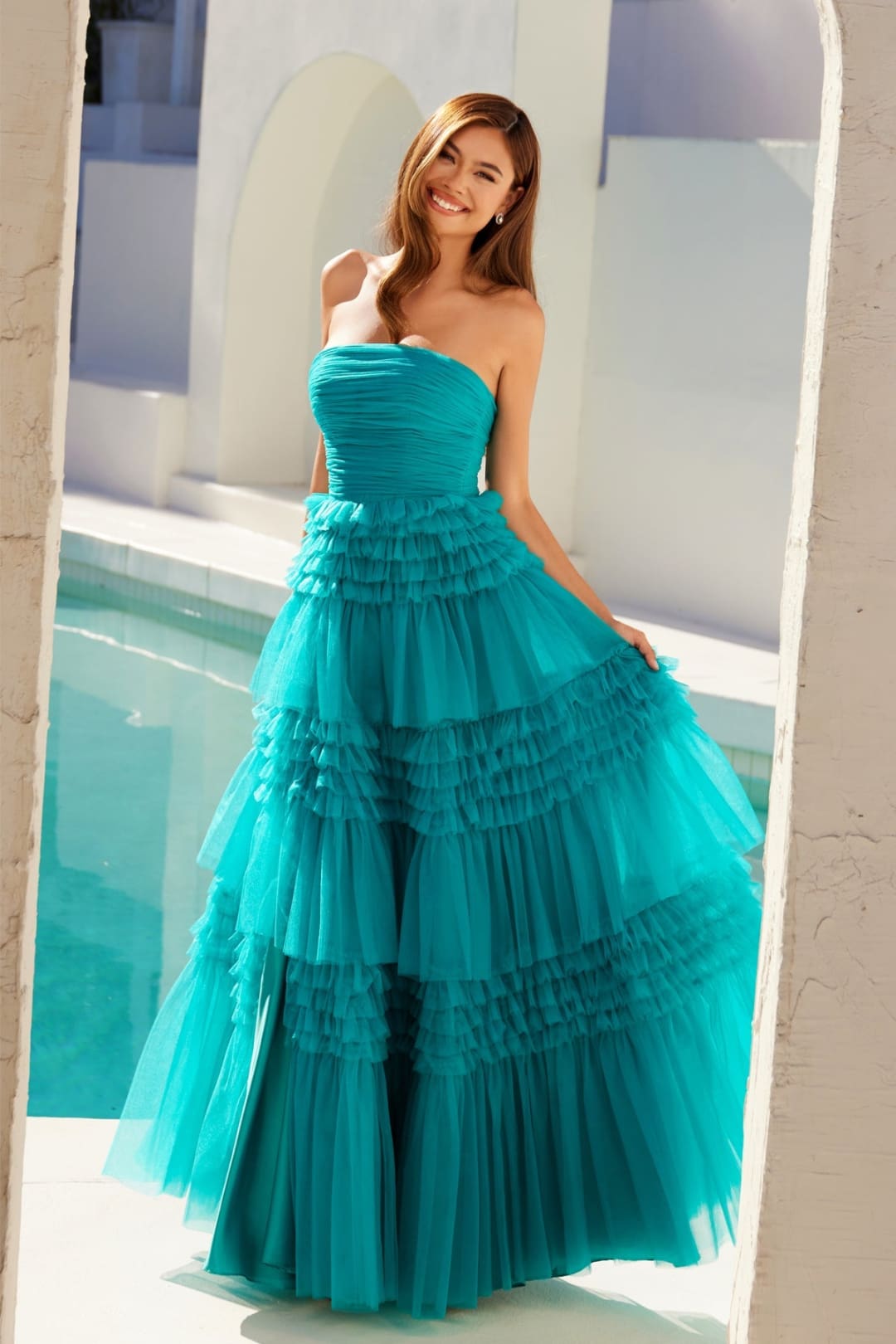 Strapless Tiered A-line Slit Gown by Juliet JT2542S - Jade / 2 - Long Formal Dresses