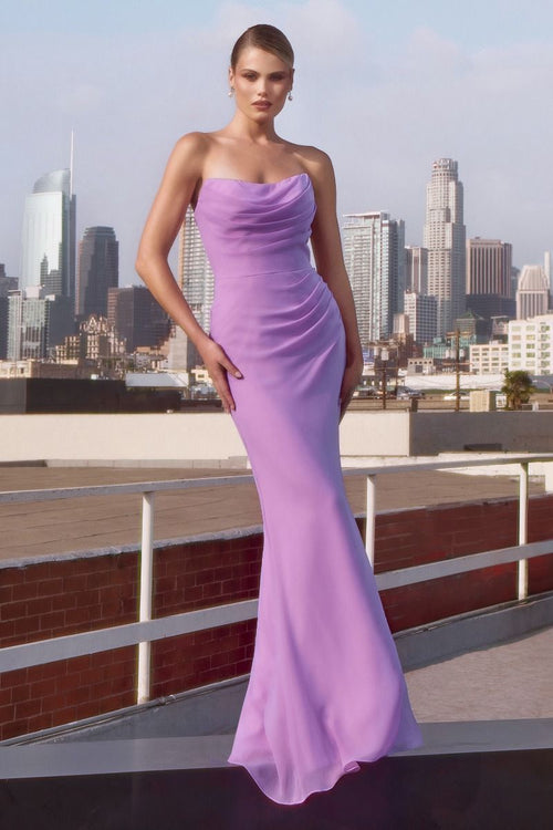 Chiffon Fitted Long Strapless Dress by Amoris T702 – Lavender