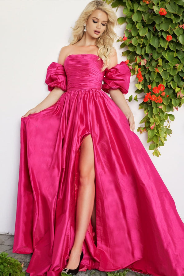 Taffeta Puff Sleeve A-line Slit Gown by Jovani 24099 - 00 / Fuchsia - Long Formal Dresses