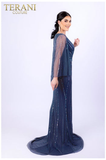 Terani Couture 232M1501 Stunning Beaded Cape Gown for Special Occasions - Navy / 24