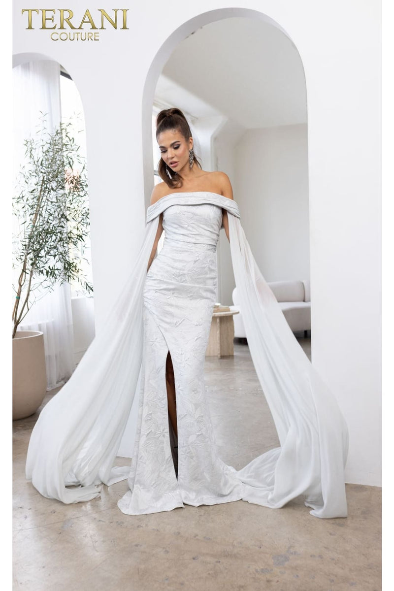Terani Couture 241M2721 Off Shoulder Jacquard Silver Column