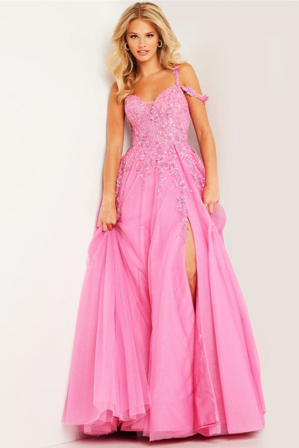 Tulle Off Shoulder A-line Slit Gown by Jovani 25826 - 00 / Fuchsia - Long Formal Dresses