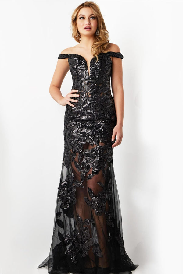 Tulle Off Shoulder Sheer Gown by Jovani 23834 - 00 / Black - Long Formal Dresses