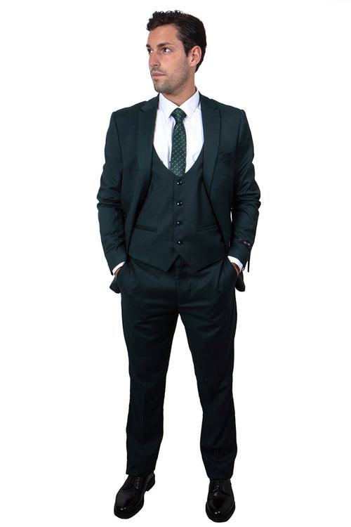 Men's Hunter Green Peak Lapel Suit with Vested Look