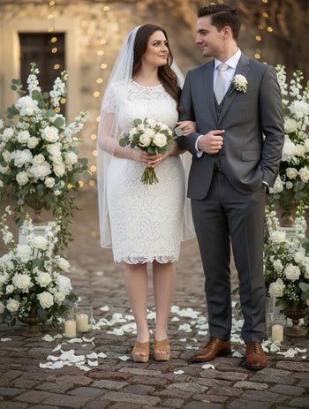 Short Sleeve Ivory Wedding Dress Modest Lace Knee Length Bridal Attire