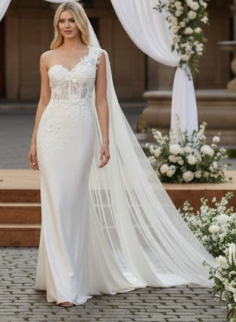 Elegant One-Shoulder Lace Wedding Dress with Chiffon Cape – Floral Appliqué Mermaid Bridal Gown by Amelia Couture 388