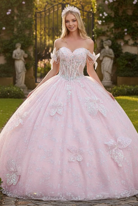 Baby Pink Quinceanera Dress 3D Butterfly Ball Gown by Elizabeth K GL3651