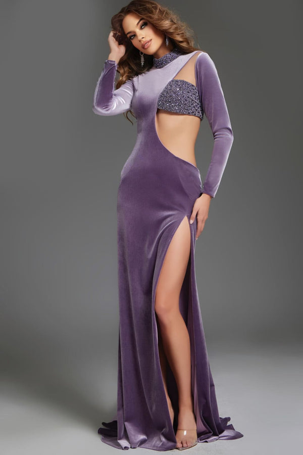 Velvet Fitted Long Sleeve Slit Gown by Jovani 40124 - 00 / Amethyst - Long Formal Dresses
