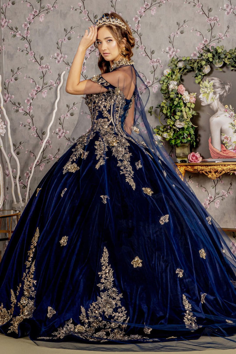 Navy Blue And Gold Quinceanera Dresses Velvet Cape Ball Gown by GL3471 Navy / 3XL