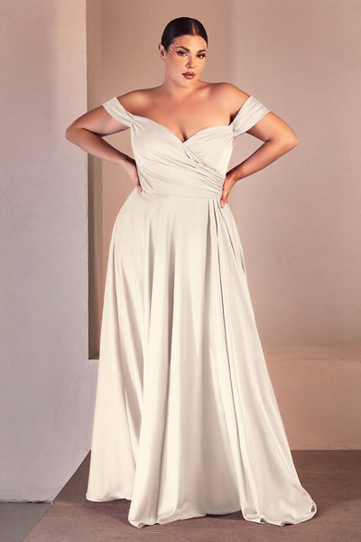 Ladivine 7493W Off-Shoulder White Satin Wedding Gown