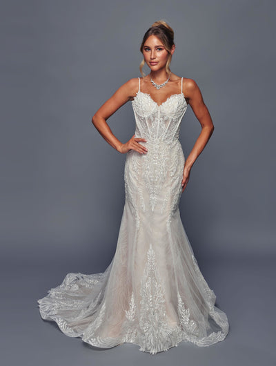 Spaghetti Strap V-Neck Mermaid Wedding Dress with Beaded Lace Appliqué by Deklaire Bridal 499