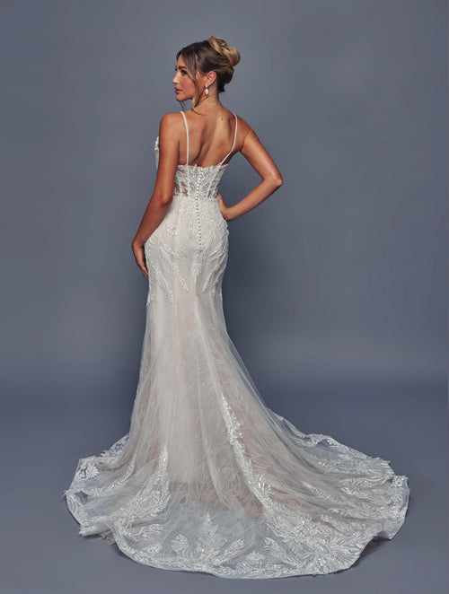 Spaghetti Strap V-Neck Mermaid Wedding Dress with Beaded Lace Appliqué by Deklaire Bridal 499
