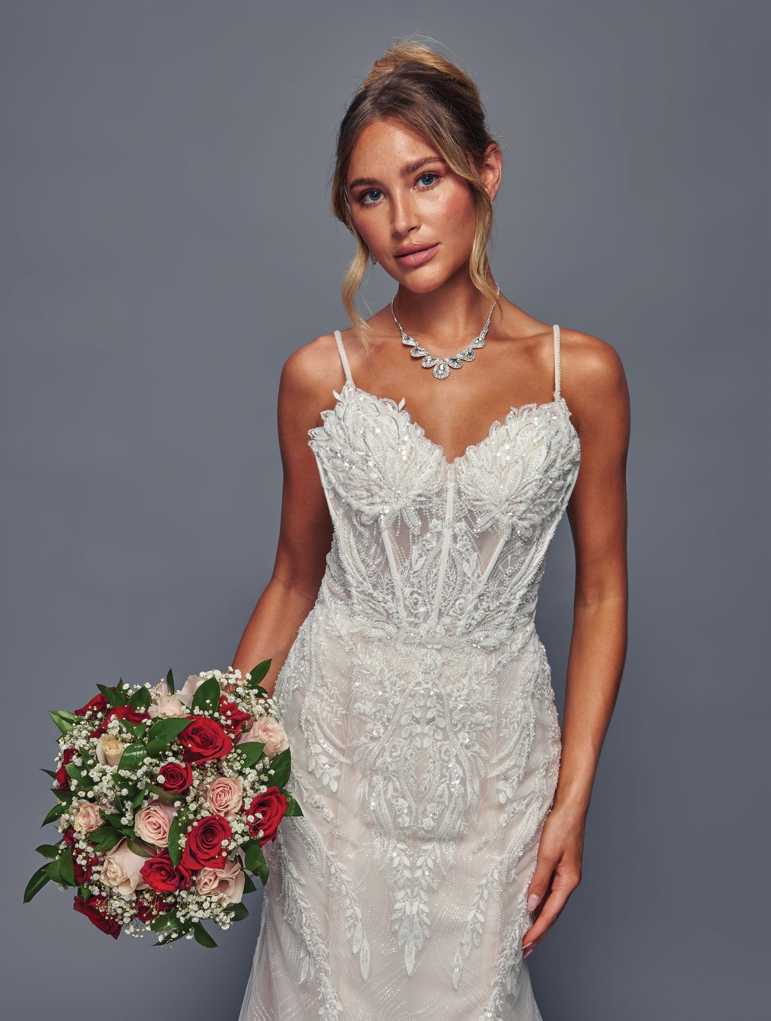 Spaghetti Strap V-Neck Mermaid Wedding Dress with Beaded Lace Appliqué by Deklaire Bridal 499