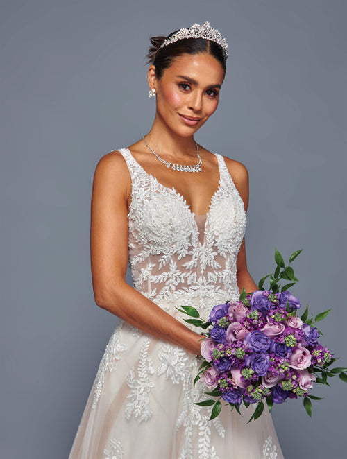 Straps V-Neck Wedding Dress with Beaded Lace Sequin Appliqué & Chapel Train by Deklaire Bridal 501