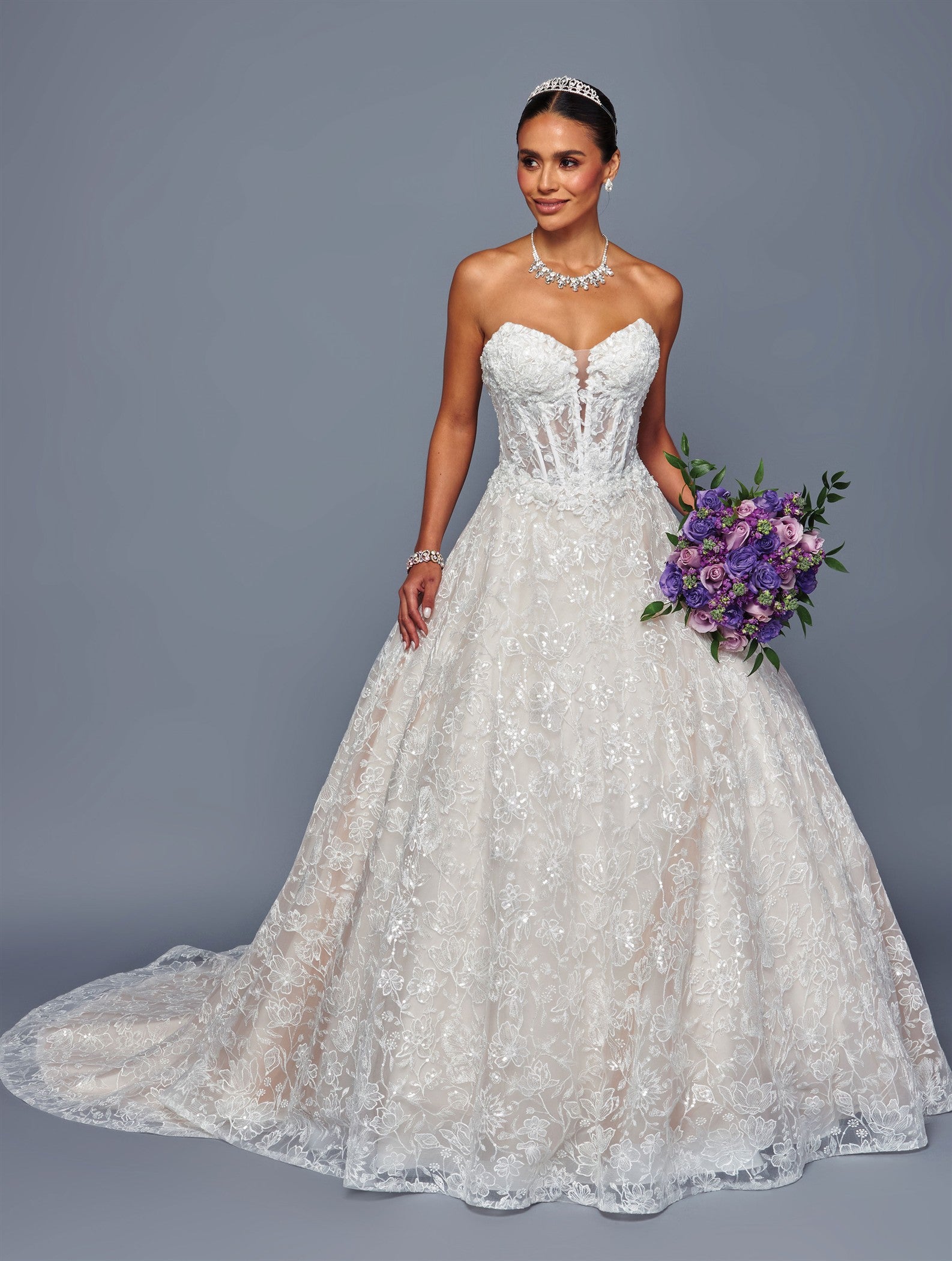 Strapless Lace Ball Gown Wedding Dress with Corset Back & Floral Lace Skirt by Deklaire Bridal 503