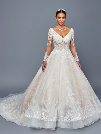 Long Sleeve Lace A-line Wedding Dress with Corset Back & Cathedral Train by Deklaire Bridal 505
