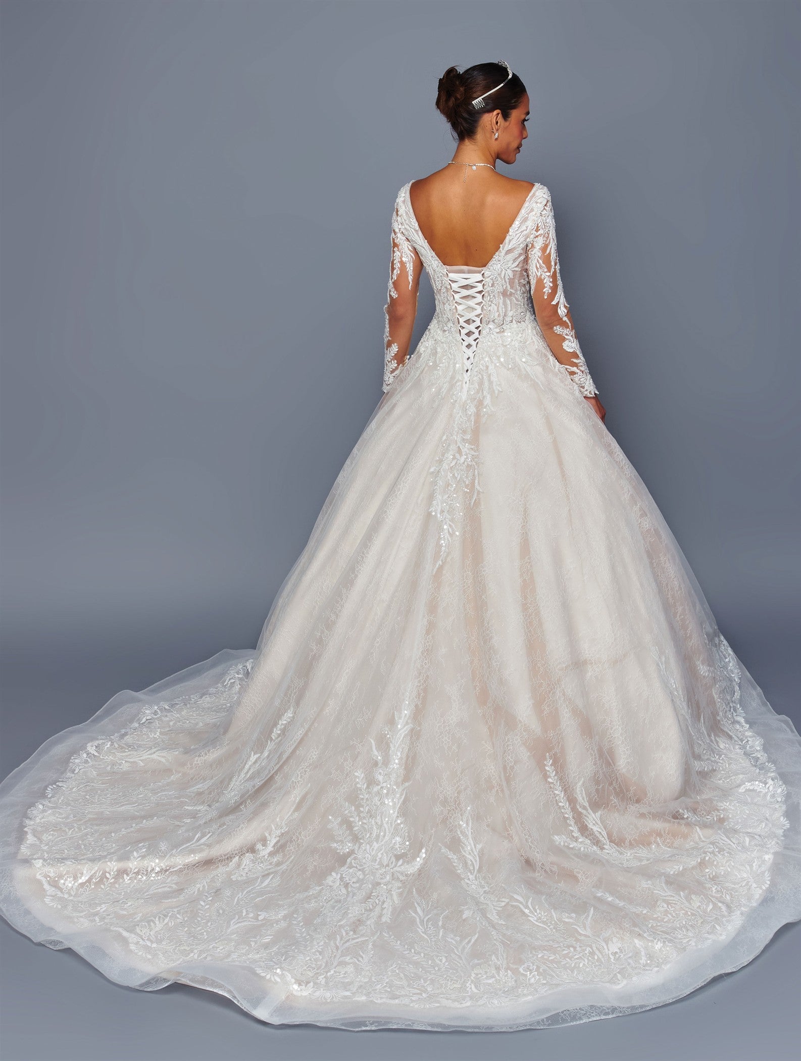 Long Sleeve Lace A-line Wedding Dress with Corset Back & Cathedral Train by Deklaire Bridal 505