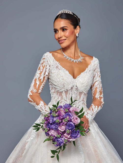 Long Sleeve Lace A-line Wedding Dress with Corset Back & Cathedral Train by Deklaire Bridal 505