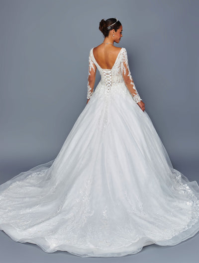 Long Sleeve Lace A-line Wedding Dress with Corset Back & Cathedral Train by Deklaire Bridal 505