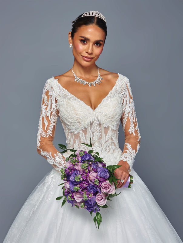 Long Sleeve Lace A-line Wedding Dress with Corset Back & Cathedral Train by Deklaire Bridal 505