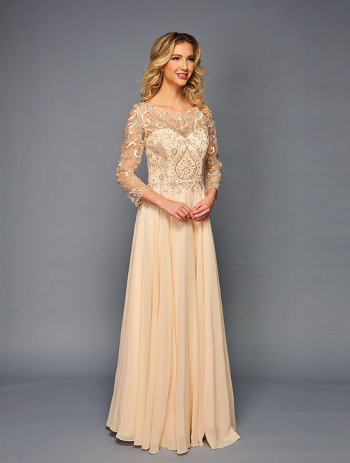 Elegant Long Sleeve Lace Chiffon Evening Gown Illusion Neck Formal Dress by Deklaire Bridal K309