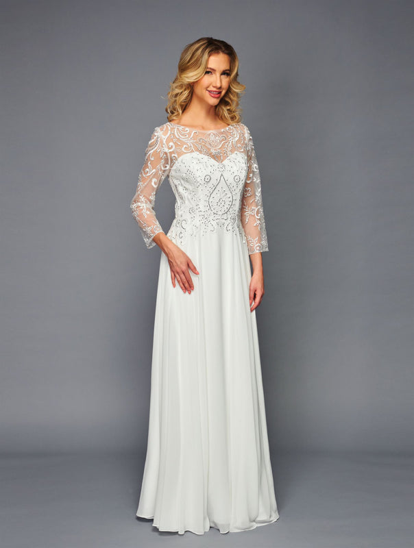 Elegant Long Sleeve Lace Chiffon Evening Gown Illusion Neck Formal Dress by Deklaire Bridal K309