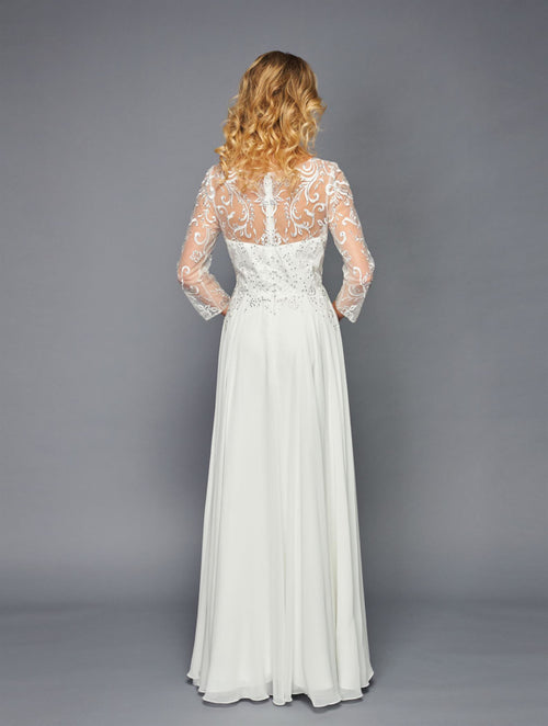 Elegant Long Sleeve Lace Chiffon Evening Gown Illusion Neck Formal Dress by Deklaire Bridal K309