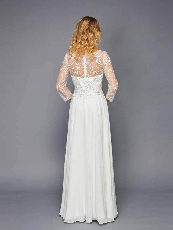 Elegant Long Sleeve Lace Chiffon Evening Gown Illusion Neck Formal Dress by Deklaire Bridal K309