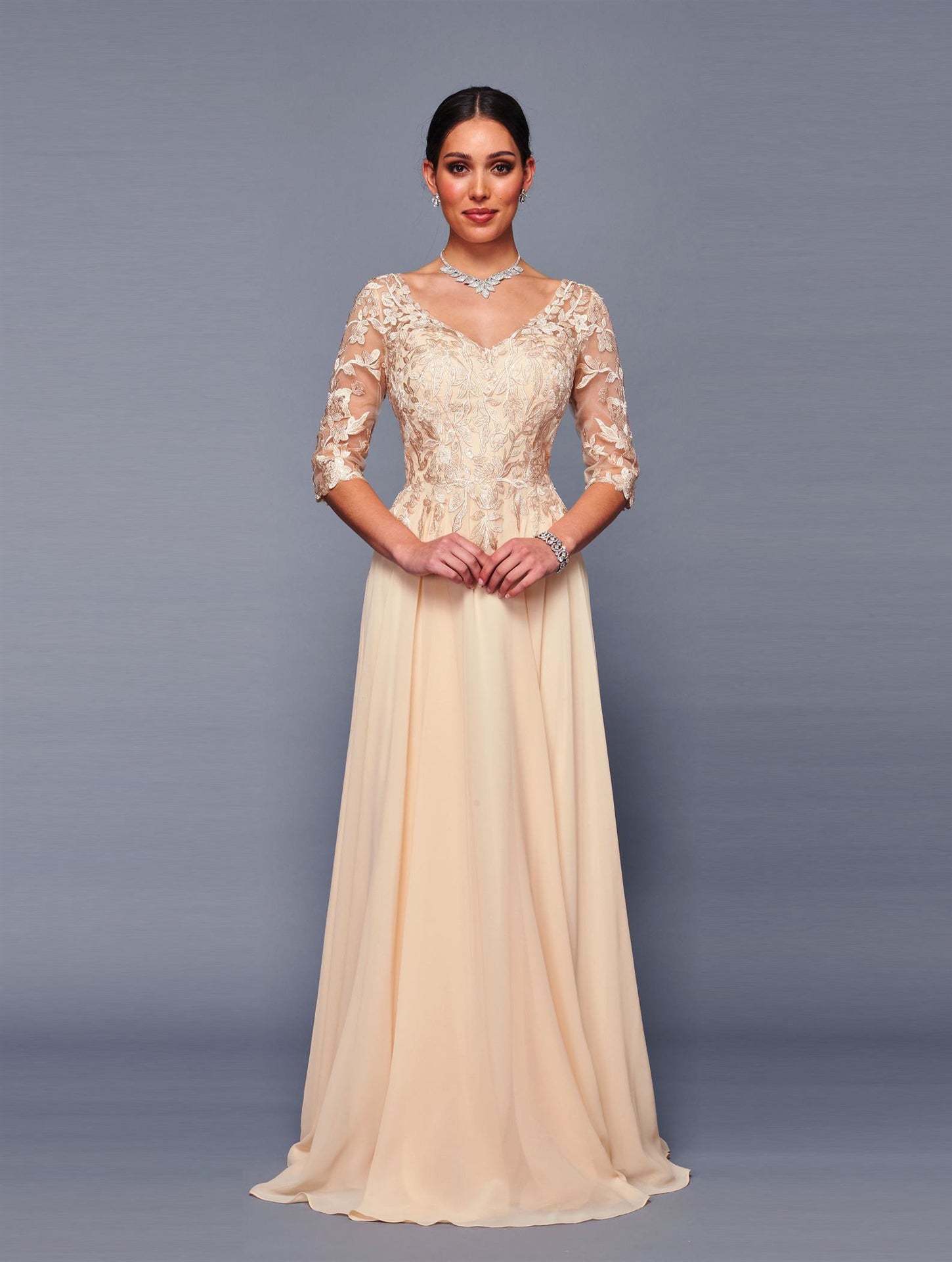 Lace Bodice Chiffon A-Line Evening Dress with 3/4 Sleeves Formal Gown by Deklaire Bridal K312
