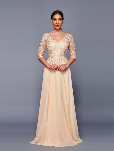 Lace Bodice Chiffon A-Line Evening Dress with 3/4 Sleeves Formal Gown by Deklaire Bridal K312