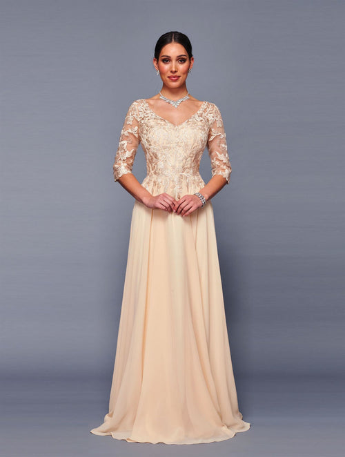 Lace Bodice Chiffon A-Line Evening Dress with 3/4 Sleeves Formal Gown by Deklaire Bridal K312