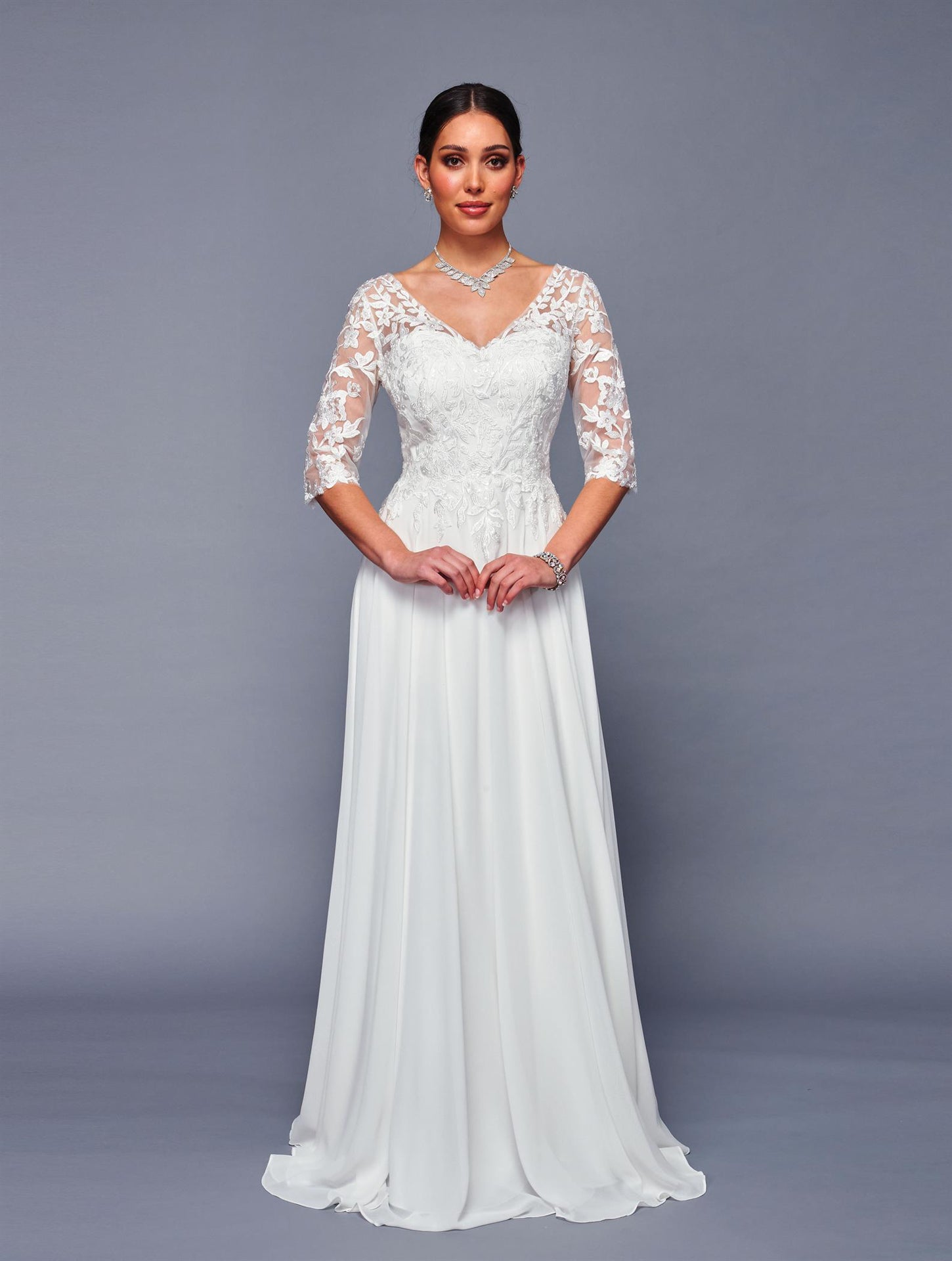 Lace Bodice Chiffon A-Line Evening Dress with 3/4 Sleeves Formal Gown by Deklaire Bridal K312