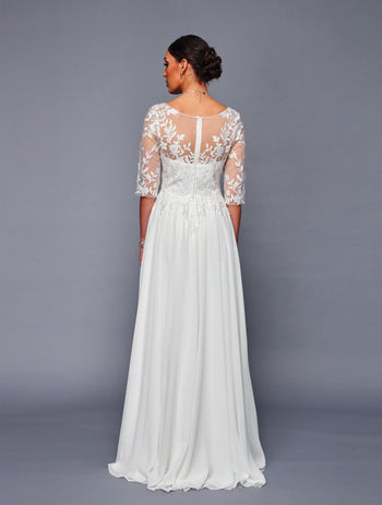 Lace Bodice Chiffon A-Line Evening Dress with 3/4 Sleeves Formal Gown by Deklaire Bridal K312