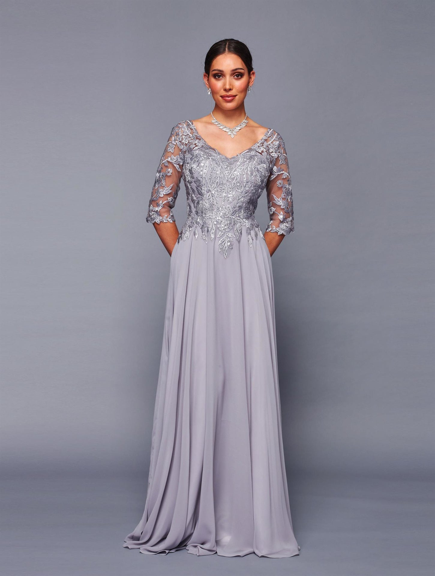 Lace Bodice Chiffon A-Line Evening Dress with 3/4 Sleeves Formal Gown by Deklaire Bridal K312