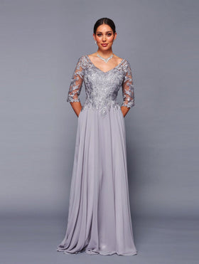 Lace Bodice Chiffon A-Line Evening Dress with 3/4 Sleeves Formal Gown by Deklaire Bridal K312