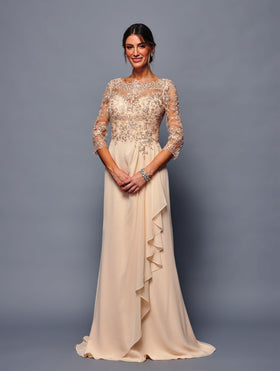 Mother of the Bride Gown Long Sleeve Chiffon Dress with Illusion Neckline by Deklaire Bridal K313