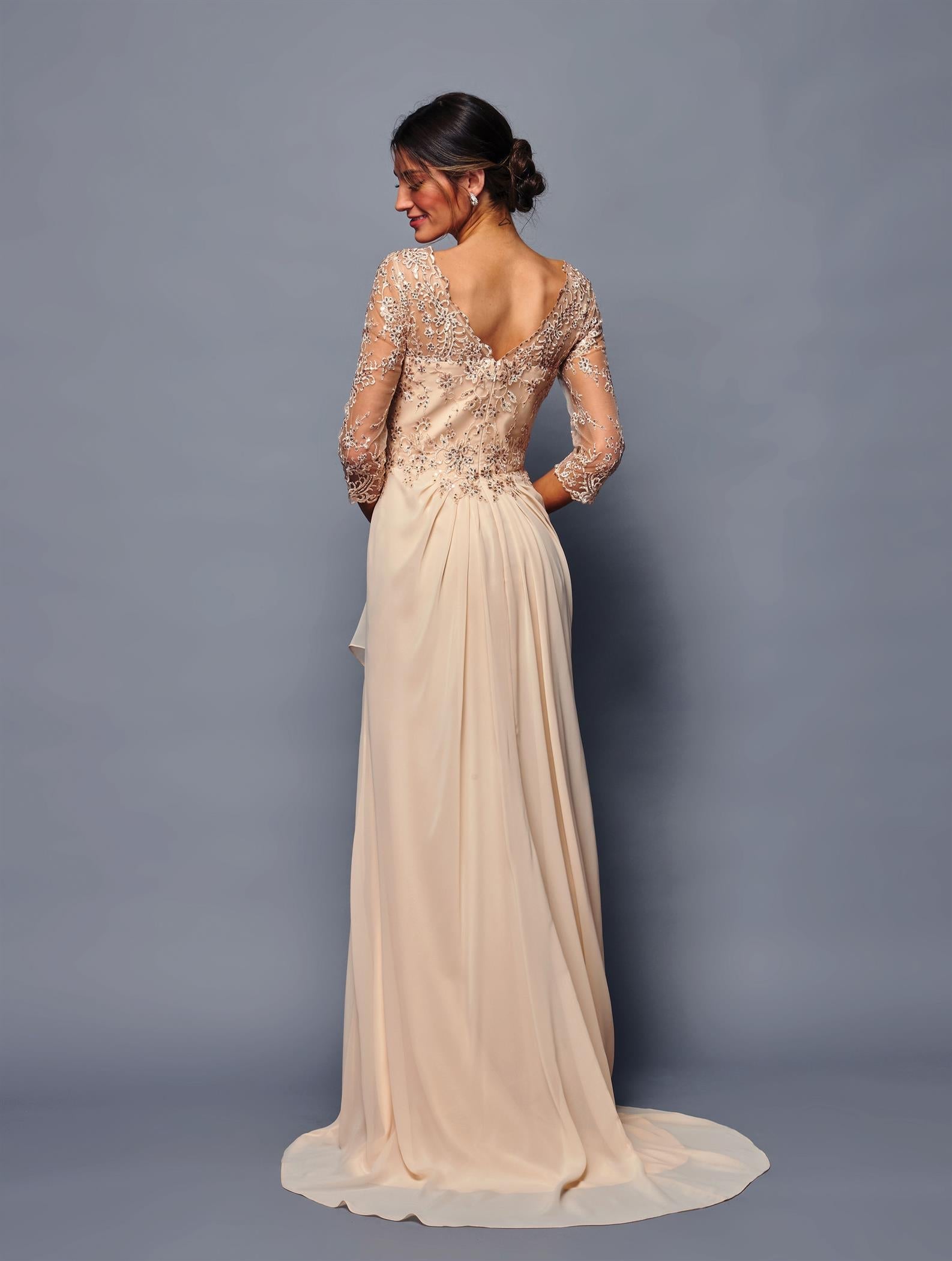 Mother of the Bride Gown Long Sleeve Chiffon Dress with Illusion Neckline by Deklaire Bridal K313