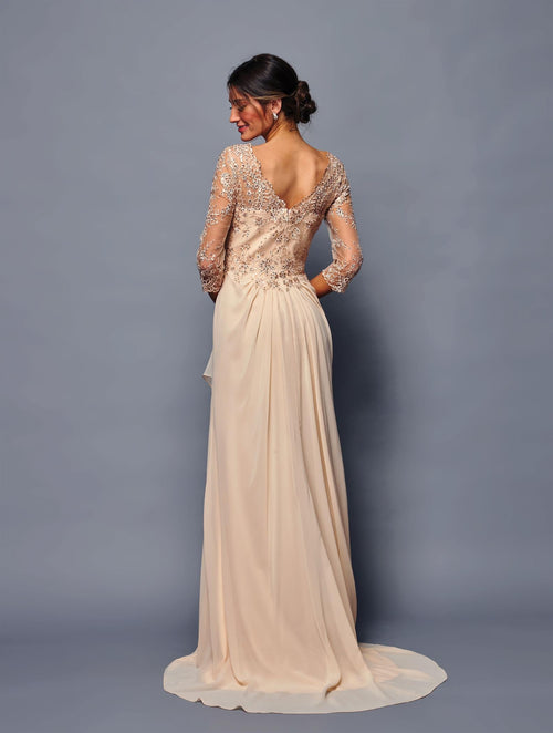 Mother of the Bride Gown Long Sleeve Chiffon Dress with Illusion Neckline by Deklaire Bridal K313