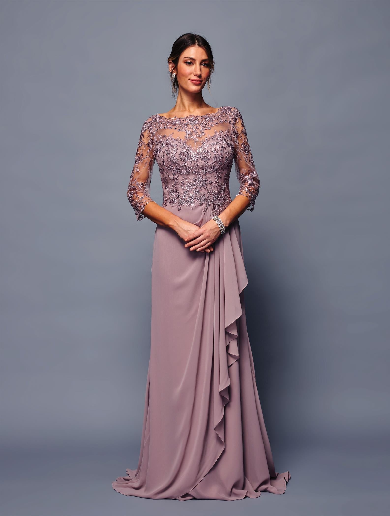 Mother of the Bride Gown Long Sleeve Chiffon Dress with Illusion Neckline by Deklaire Bridal K313