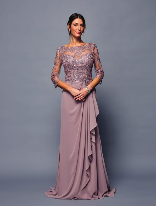 Mother of the Bride Gown Long Sleeve Chiffon Dress with Illusion Neckline by Deklaire Bridal K313