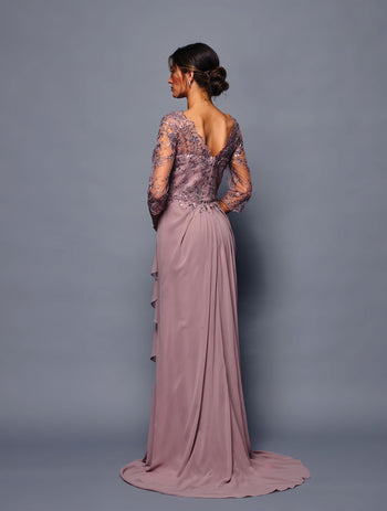 Mother of the Bride Gown Long Sleeve Chiffon Dress with Illusion Neckline by Deklaire Bridal K313