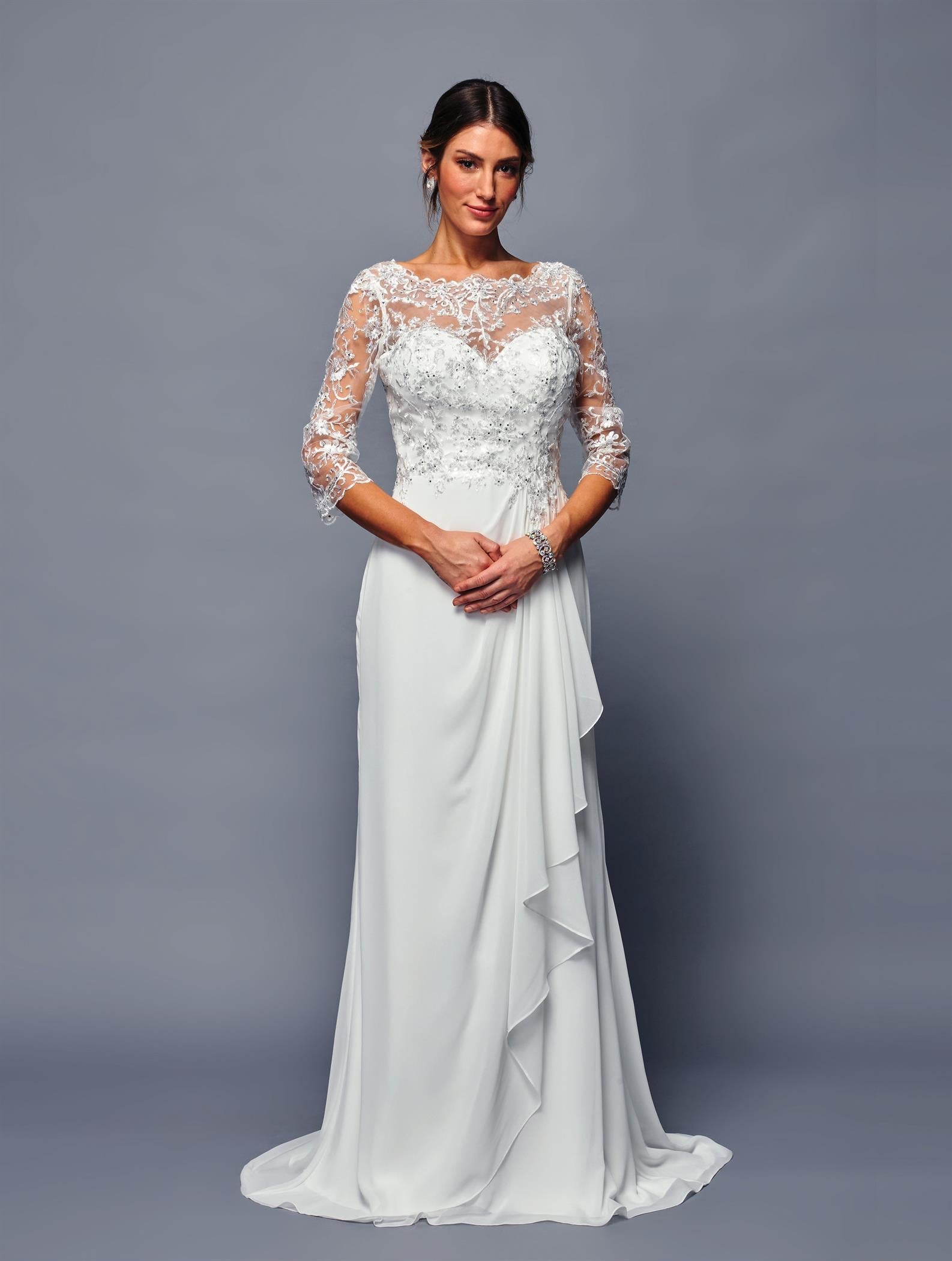 Mother of the Bride Gown Long Sleeve Chiffon Dress with Illusion Neckline by Deklaire Bridal K313