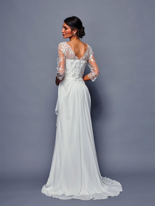 Mother of the Bride Gown Long Sleeve Chiffon Dress with Illusion Neckline by Deklaire Bridal K313